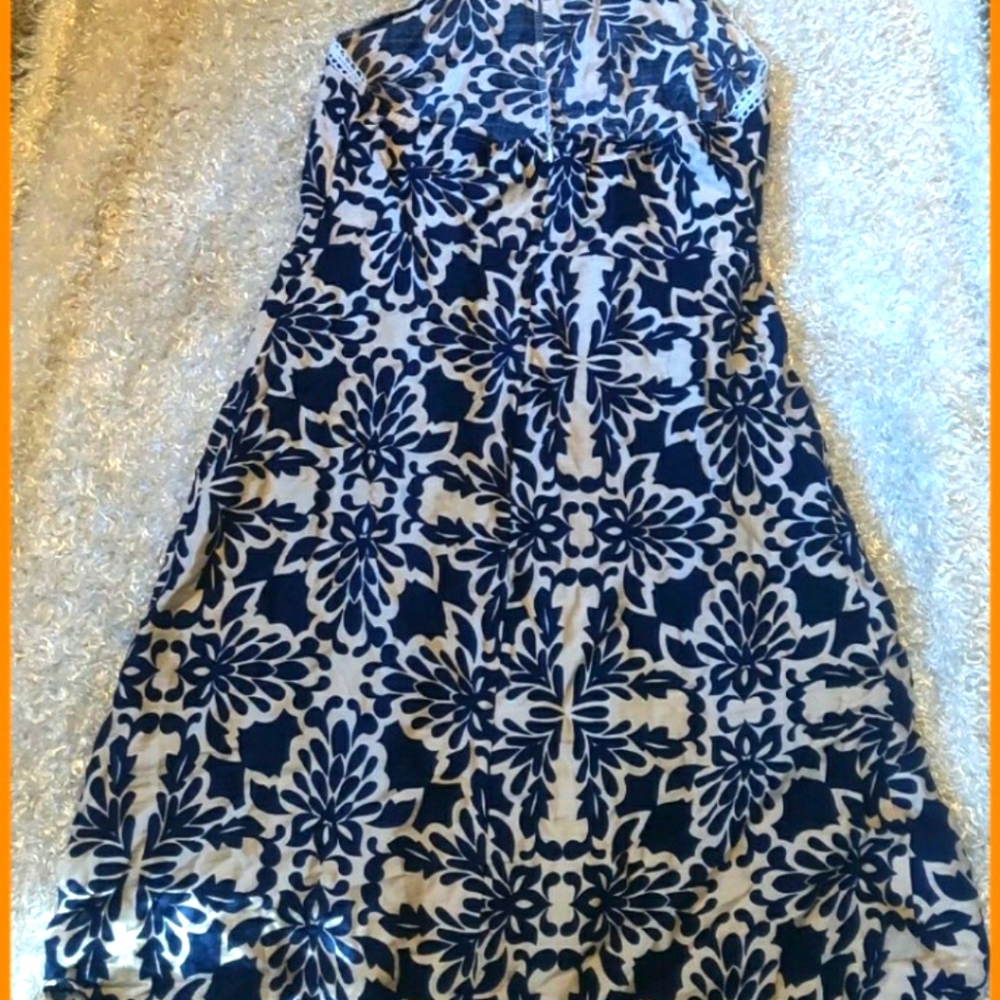 Women's Pantsuit Navy White Floral Dress And Pants Set Two Piece Long Flowy Sz M - Picture 8 of 9